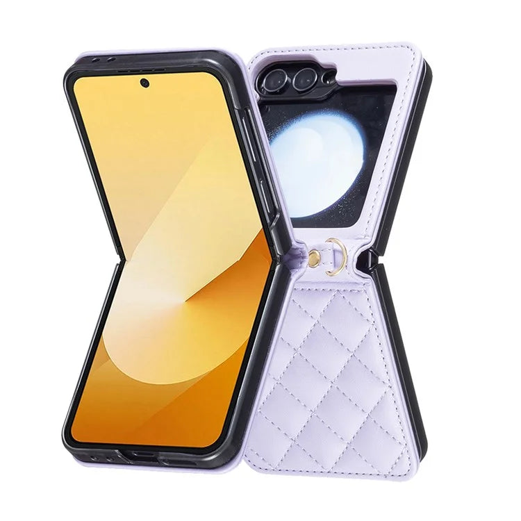 For Samsung Galaxy Z Flip6 5G  /  Z Flip5 5G Leather Back Case Rhombus Phone Cover with Shoulder Strap