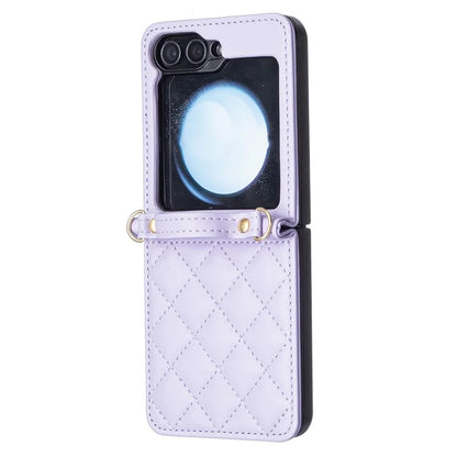 For Samsung Galaxy Z Flip6 5G  /  Z Flip5 5G Leather Back Case Rhombus Phone Cover with Shoulder Strap