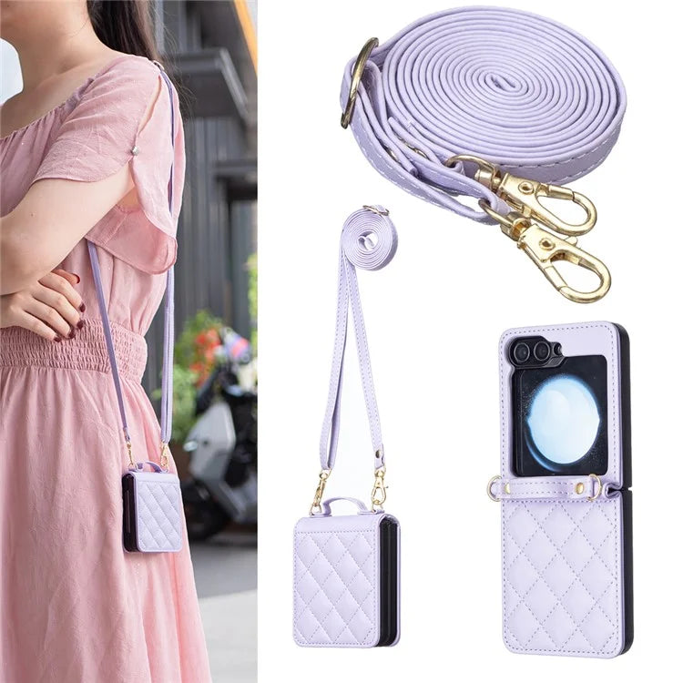 For Samsung Galaxy Z Flip6 5G  /  Z Flip5 5G Leather Back Case Rhombus Phone Cover with Shoulder Strap