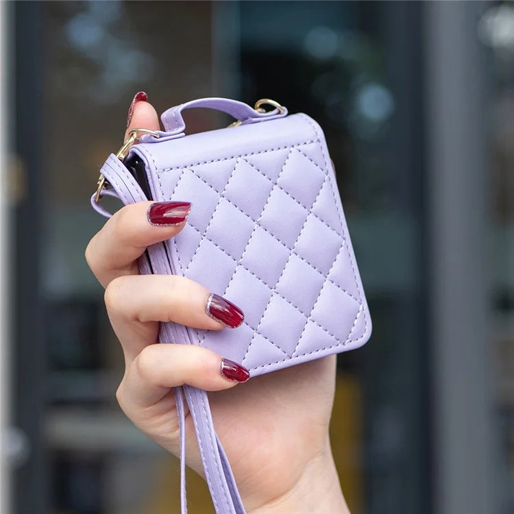 For Samsung Galaxy Z Flip6 5G  /  Z Flip5 5G Leather Back Case Rhombus Phone Cover with Shoulder Strap