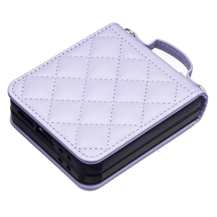 For Samsung Galaxy Z Flip6 5G  /  Z Flip5 5G Leather Back Case Rhombus Phone Cover with Shoulder Strap