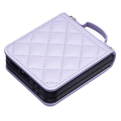 For Samsung Galaxy Z Flip6 5G  /  Z Flip5 5G Leather Back Case Rhombus Phone Cover with Shoulder Strap
