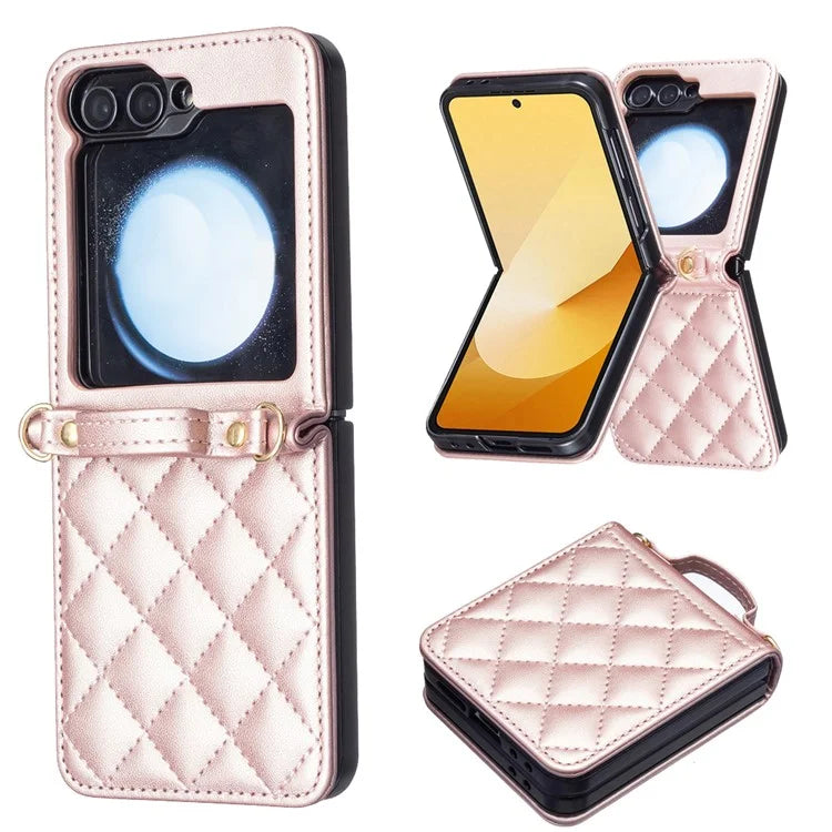 For Samsung Galaxy Z Flip6 5G  /  Z Flip5 5G Leather Back Case Rhombus Phone Cover with Shoulder Strap