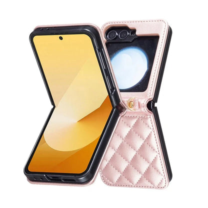For Samsung Galaxy Z Flip6 5G  /  Z Flip5 5G Leather Back Case Rhombus Phone Cover with Shoulder Strap