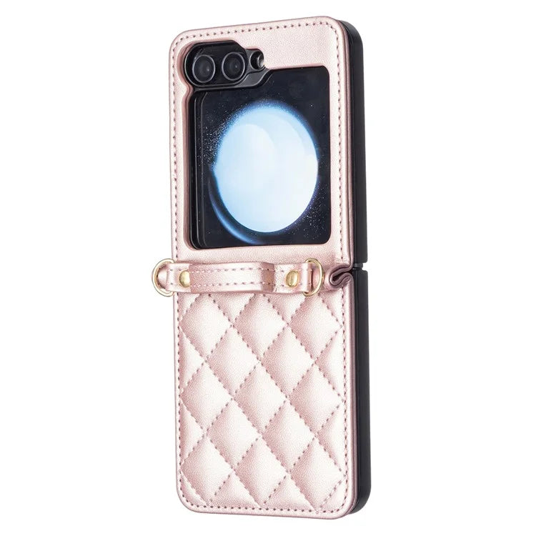For Samsung Galaxy Z Flip6 5G  /  Z Flip5 5G Leather Back Case Rhombus Phone Cover with Shoulder Strap