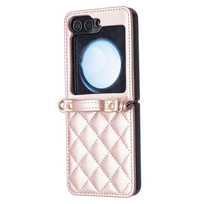 For Samsung Galaxy Z Flip6 5G  /  Z Flip5 5G Leather Back Case Rhombus Phone Cover with Shoulder Strap