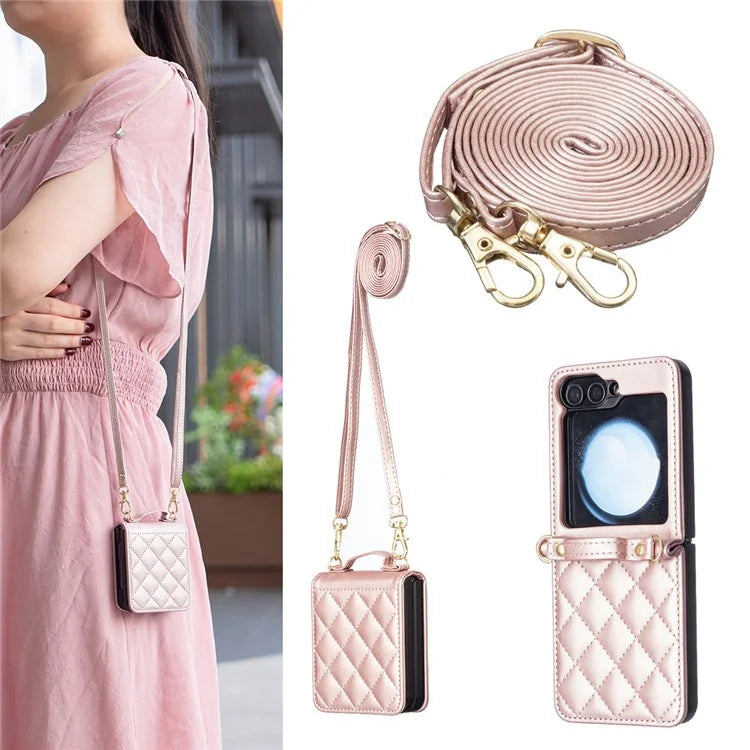 For Samsung Galaxy Z Flip6 5G  /  Z Flip5 5G Leather Back Case Rhombus Phone Cover with Shoulder Strap