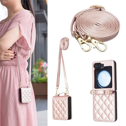 For Samsung Galaxy Z Flip6 5G  /  Z Flip5 5G Leather Back Case Rhombus Phone Cover with Shoulder Strap