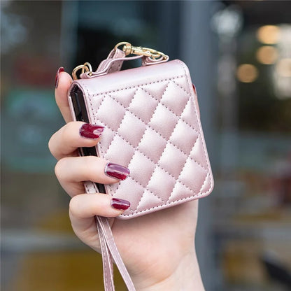 For Samsung Galaxy Z Flip6 5G  /  Z Flip5 5G Leather Back Case Rhombus Phone Cover with Shoulder Strap