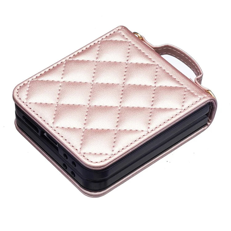 For Samsung Galaxy Z Flip6 5G  /  Z Flip5 5G Leather Back Case Rhombus Phone Cover with Shoulder Strap