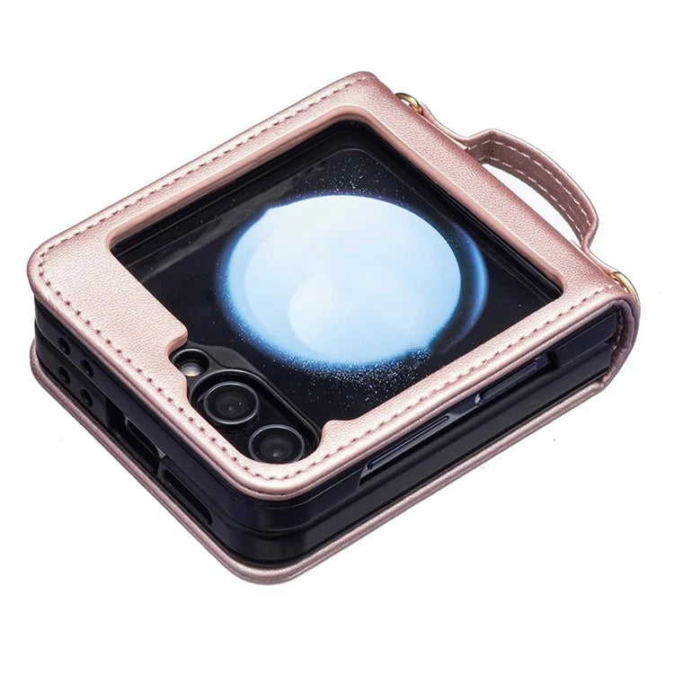 For Samsung Galaxy Z Flip6 5G  /  Z Flip5 5G Leather Back Case Rhombus Phone Cover with Shoulder Strap