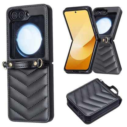 For Samsung Galaxy Z Flip6 5G  /  Z Flip5 5G Leather Case Wave Pattern Phone Back Cover with Shoulder Strap
