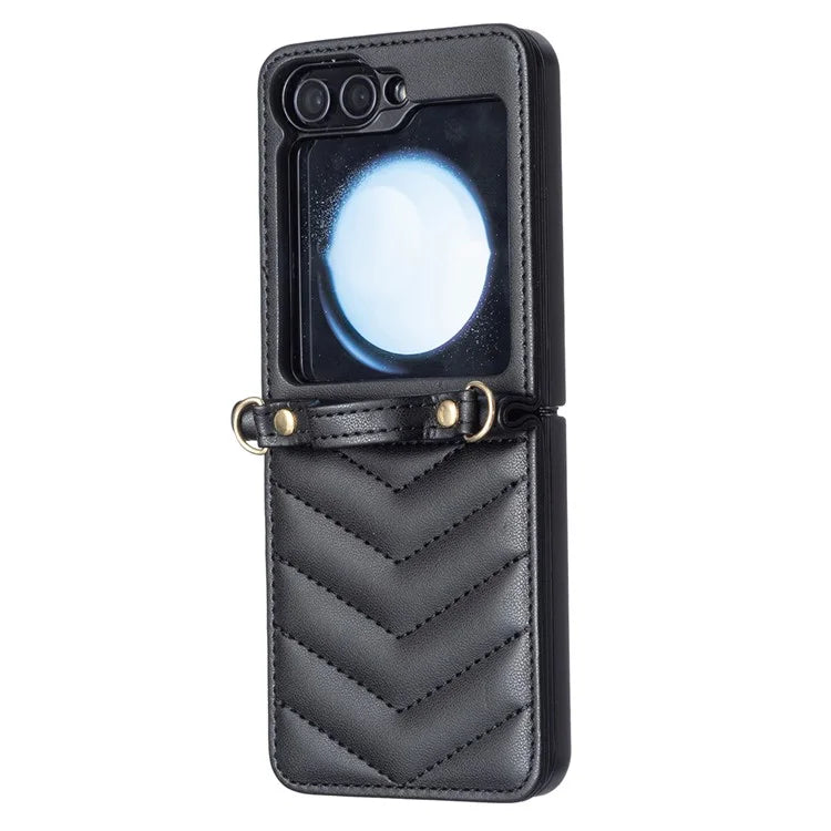For Samsung Galaxy Z Flip6 5G  /  Z Flip5 5G Leather Case Wave Pattern Phone Back Cover with Shoulder Strap