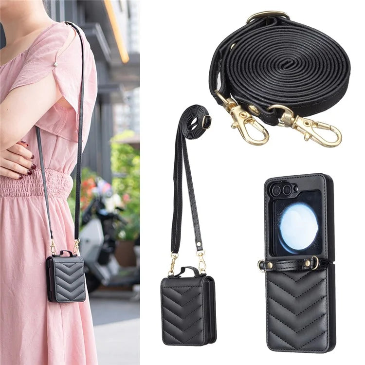 For Samsung Galaxy Z Flip6 5G  /  Z Flip5 5G Leather Case Wave Pattern Phone Back Cover with Shoulder Strap