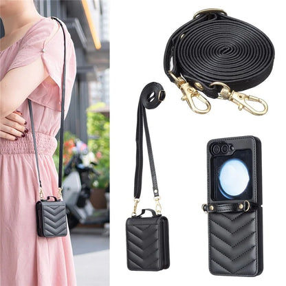 For Samsung Galaxy Z Flip6 5G  /  Z Flip5 5G Leather Case Wave Pattern Phone Back Cover with Shoulder Strap