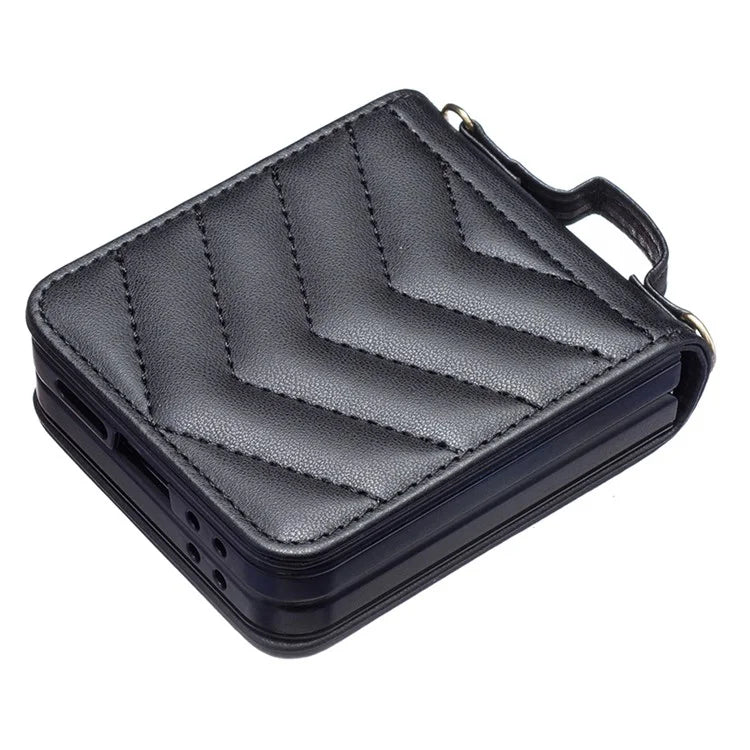 For Samsung Galaxy Z Flip6 5G  /  Z Flip5 5G Leather Case Wave Pattern Phone Back Cover with Shoulder Strap