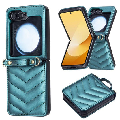 For Samsung Galaxy Z Flip6 5G  /  Z Flip5 5G Leather Case Wave Pattern Phone Back Cover with Shoulder Strap