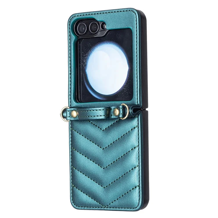 For Samsung Galaxy Z Flip6 5G  /  Z Flip5 5G Leather Case Wave Pattern Phone Back Cover with Shoulder Strap