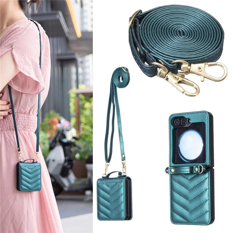 For Samsung Galaxy Z Flip6 5G  /  Z Flip5 5G Leather Case Wave Pattern Phone Back Cover with Shoulder Strap