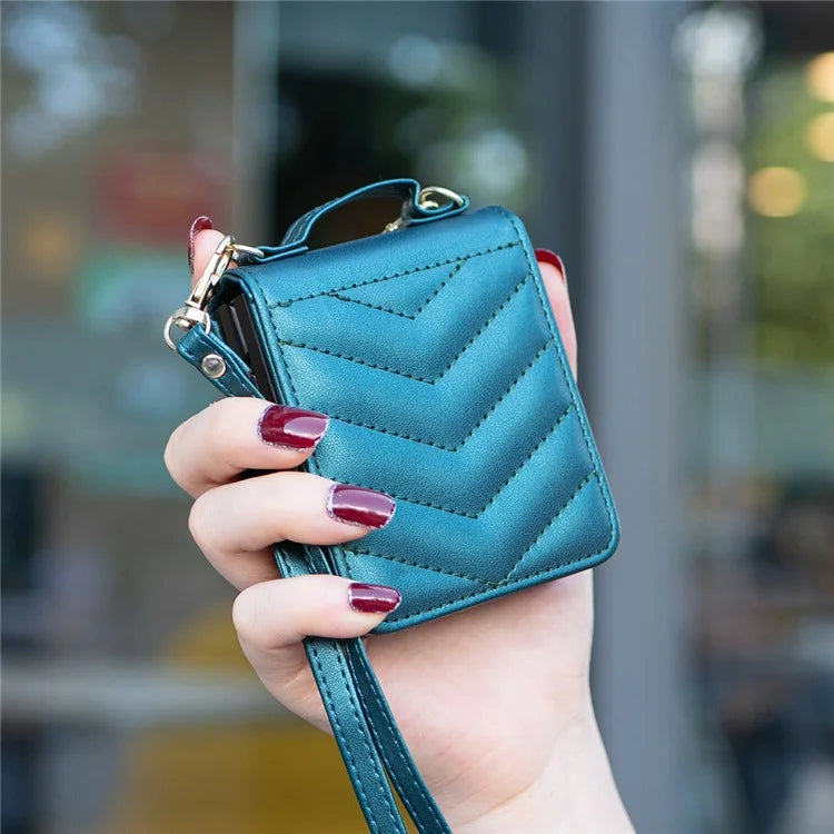 For Samsung Galaxy Z Flip6 5G  /  Z Flip5 5G Leather Case Wave Pattern Phone Back Cover with Shoulder Strap
