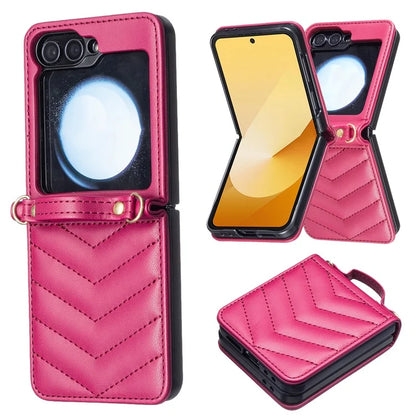 For Samsung Galaxy Z Flip6 5G  /  Z Flip5 5G Leather Case Wave Pattern Phone Back Cover with Shoulder Strap