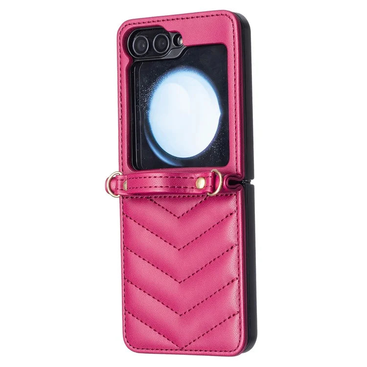 For Samsung Galaxy Z Flip6 5G  /  Z Flip5 5G Leather Case Wave Pattern Phone Back Cover with Shoulder Strap