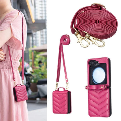 For Samsung Galaxy Z Flip6 5G  /  Z Flip5 5G Leather Case Wave Pattern Phone Back Cover with Shoulder Strap