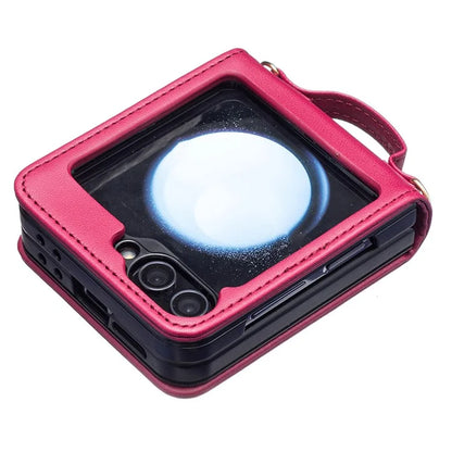 For Samsung Galaxy Z Flip6 5G  /  Z Flip5 5G Leather Case Wave Pattern Phone Back Cover with Shoulder Strap