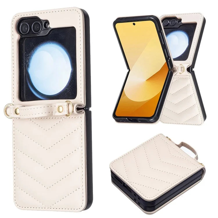 For Samsung Galaxy Z Flip6 5G  /  Z Flip5 5G Leather Case Wave Pattern Phone Back Cover with Shoulder Strap