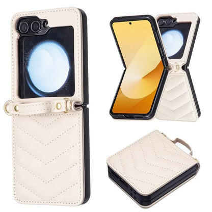 For Samsung Galaxy Z Flip6 5G  /  Z Flip5 5G Leather Case Wave Pattern Phone Back Cover with Shoulder Strap