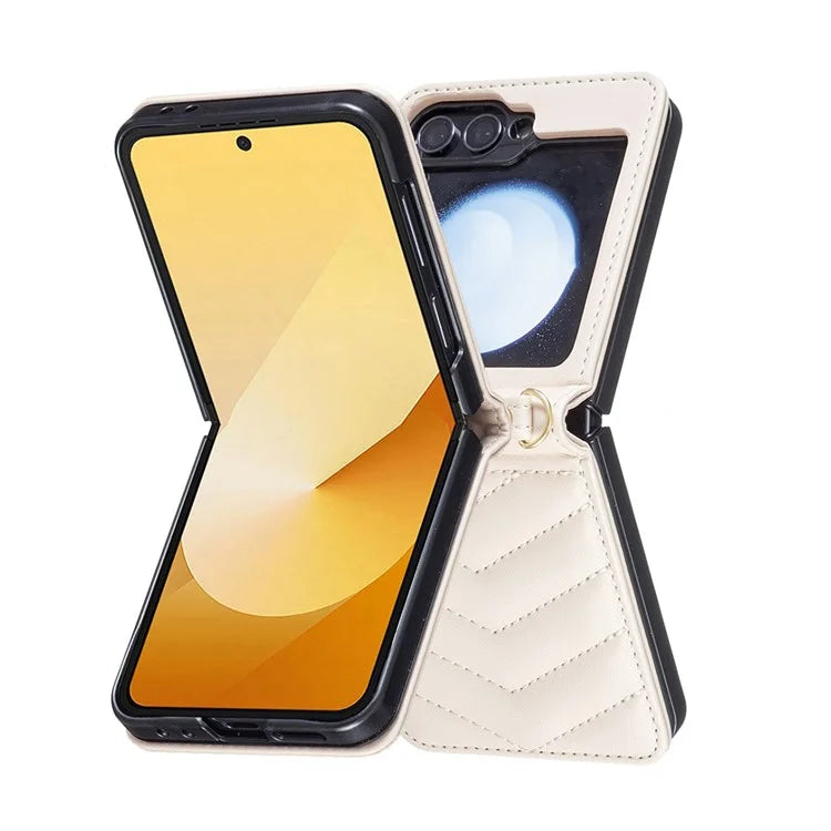 For Samsung Galaxy Z Flip6 5G  /  Z Flip5 5G Leather Case Wave Pattern Phone Back Cover with Shoulder Strap
