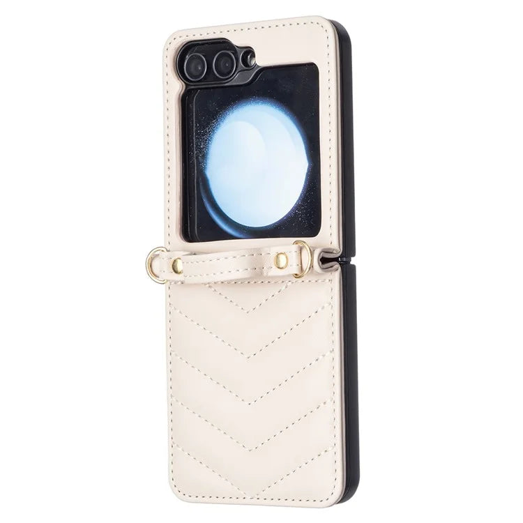For Samsung Galaxy Z Flip6 5G  /  Z Flip5 5G Leather Case Wave Pattern Phone Back Cover with Shoulder Strap