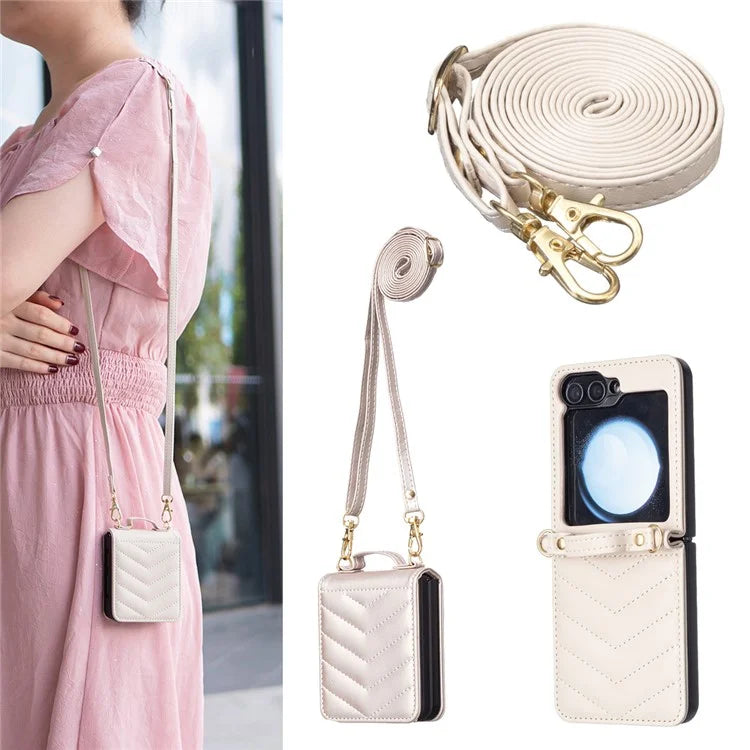 For Samsung Galaxy Z Flip6 5G  /  Z Flip5 5G Leather Case Wave Pattern Phone Back Cover with Shoulder Strap