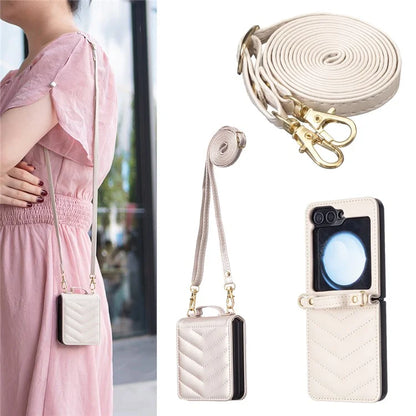 For Samsung Galaxy Z Flip6 5G  /  Z Flip5 5G Leather Case Wave Pattern Phone Back Cover with Shoulder Strap