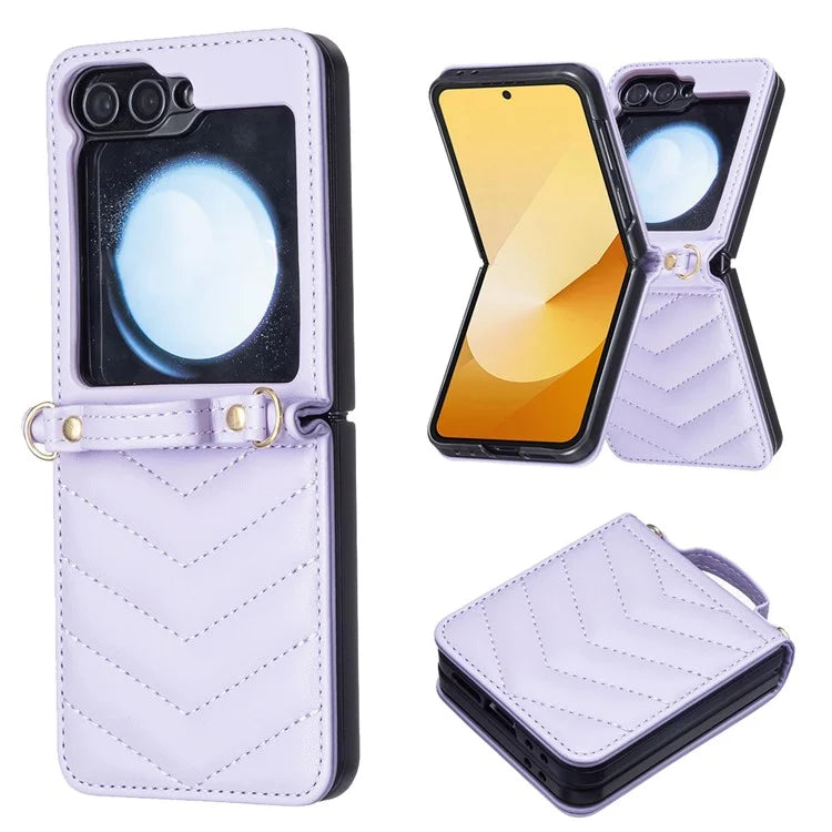 For Samsung Galaxy Z Flip6 5G  /  Z Flip5 5G Leather Case Wave Pattern Phone Back Cover with Shoulder Strap