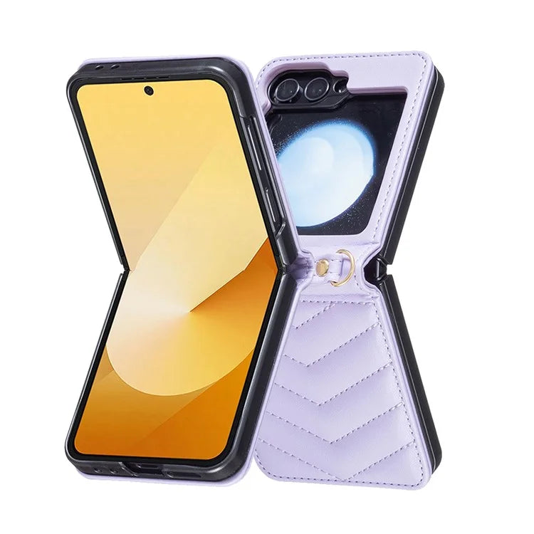 For Samsung Galaxy Z Flip6 5G  /  Z Flip5 5G Leather Case Wave Pattern Phone Back Cover with Shoulder Strap