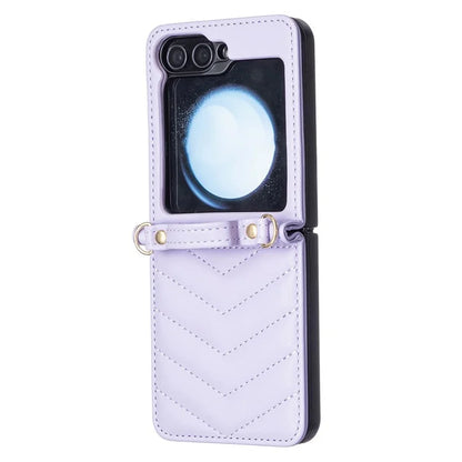 For Samsung Galaxy Z Flip6 5G  /  Z Flip5 5G Leather Case Wave Pattern Phone Back Cover with Shoulder Strap
