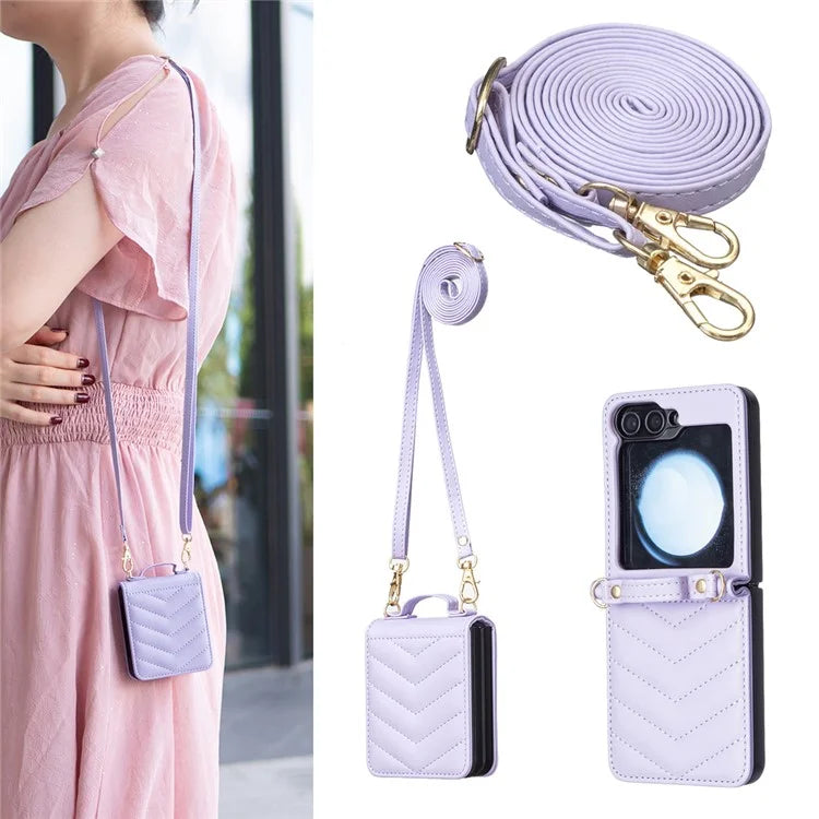 For Samsung Galaxy Z Flip6 5G  /  Z Flip5 5G Leather Case Wave Pattern Phone Back Cover with Shoulder Strap