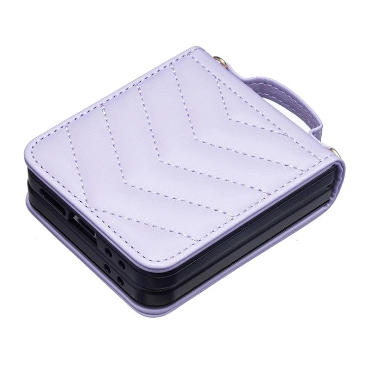 For Samsung Galaxy Z Flip6 5G  /  Z Flip5 5G Leather Case Wave Pattern Phone Back Cover with Shoulder Strap