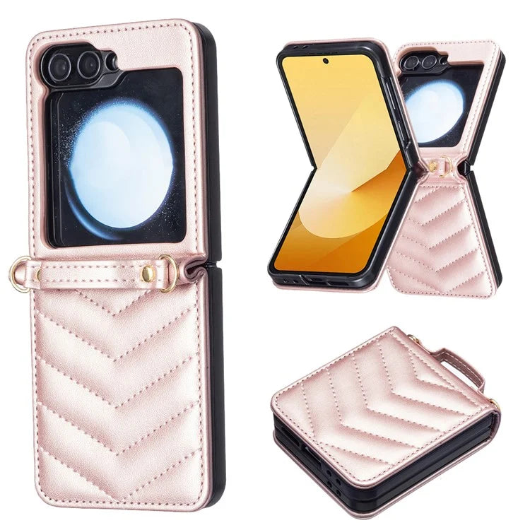 For Samsung Galaxy Z Flip6 5G  /  Z Flip5 5G Leather Case Wave Pattern Phone Back Cover with Shoulder Strap