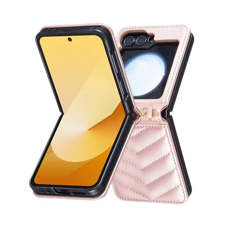 For Samsung Galaxy Z Flip6 5G  /  Z Flip5 5G Leather Case Wave Pattern Phone Back Cover with Shoulder Strap
