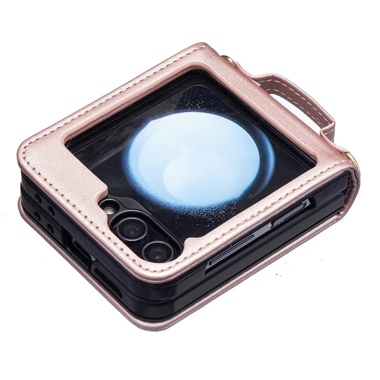 For Samsung Galaxy Z Flip6 5G  /  Z Flip5 5G Leather Case Wave Pattern Phone Back Cover with Shoulder Strap