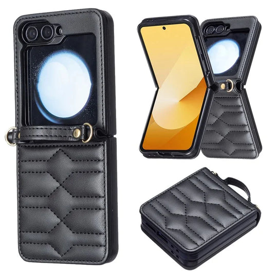For Samsung Galaxy Z Flip6 5G  /  Z Flip5 5G Leather Case V-Shape Grip Back Cover with Shoulder Strap