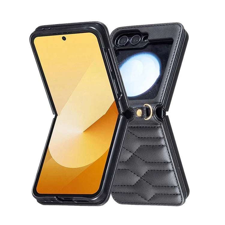 For Samsung Galaxy Z Flip6 5G  /  Z Flip5 5G Leather Case V-Shape Grip Back Cover with Shoulder Strap
