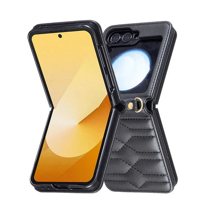 For Samsung Galaxy Z Flip6 5G  /  Z Flip5 5G Leather Case V-Shape Grip Back Cover with Shoulder Strap