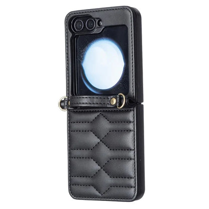 For Samsung Galaxy Z Flip6 5G  /  Z Flip5 5G Leather Case V-Shape Grip Back Cover with Shoulder Strap