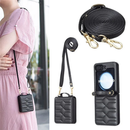 For Samsung Galaxy Z Flip6 5G  /  Z Flip5 5G Leather Case V-Shape Grip Back Cover with Shoulder Strap