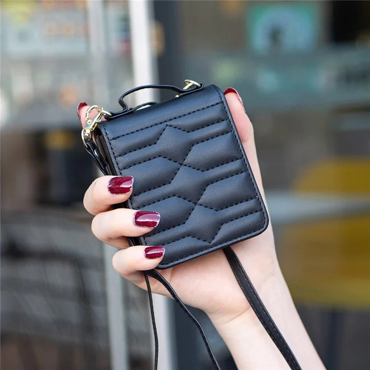 For Samsung Galaxy Z Flip6 5G  /  Z Flip5 5G Leather Case V-Shape Grip Back Cover with Shoulder Strap