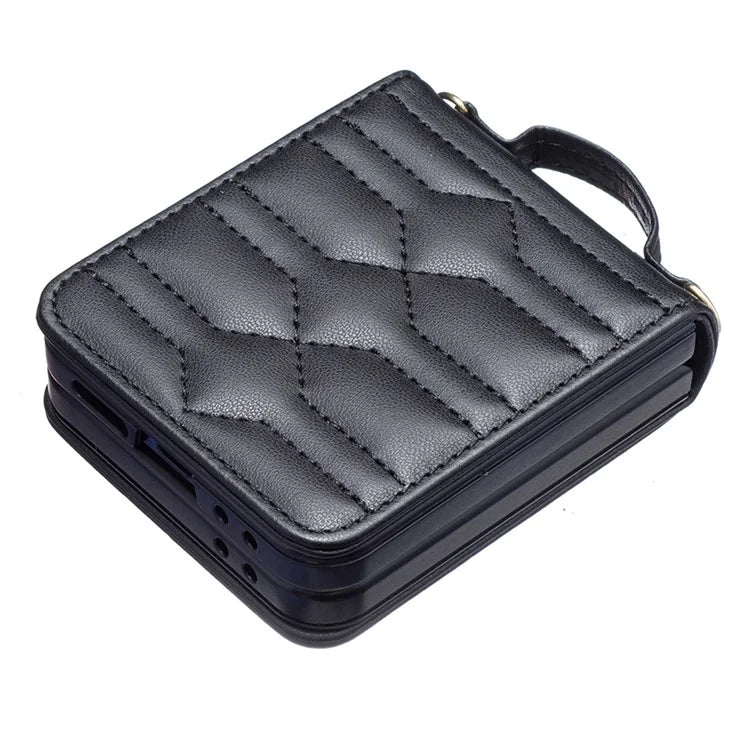 For Samsung Galaxy Z Flip6 5G  /  Z Flip5 5G Leather Case V-Shape Grip Back Cover with Shoulder Strap