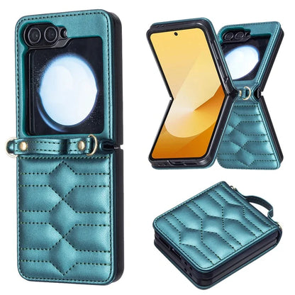 For Samsung Galaxy Z Flip6 5G  /  Z Flip5 5G Leather Case V-Shape Grip Back Cover with Shoulder Strap